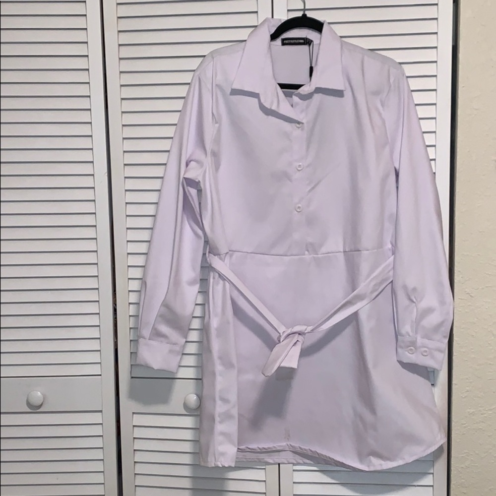 White pleated shirt dress